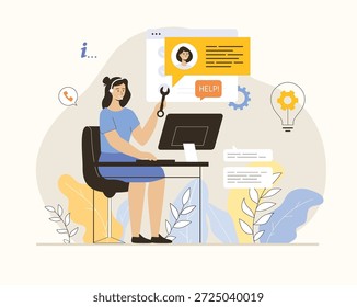 Asistencia técnica o Servicio al cliente. El consultor de la línea directa ayuda a un Cliente proporcionándole información valiosa. Ilustración vectorial plana.	
