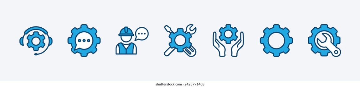 Technical Support and Customer Service icon set. Containing settings, setup, installation, tools, control, customized, repairing, recovery, maintenance, mechanical help. Vector illustration