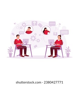 Technical support customer service team makes online calls with clients. Working in a call center office. Customer Support concept. Trend Modern vector flat illustration