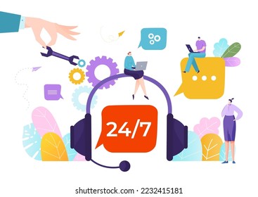 Technical support customer service, tech assistance 24 on 7 time work, maintenance staff flat vector illustration, isolated on white.