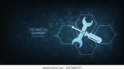 Technical Support Customer service and technology concept. Technical support and Customer help on a dark blue background.  Vector illustration.