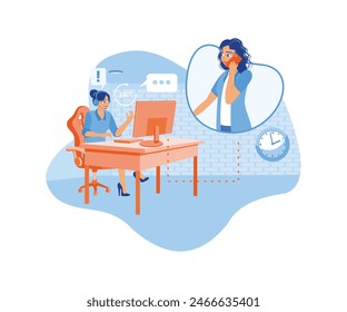 Technical support for customers 24-7. The female client is talking to the female operator on the phone. Hotline operator concept. Flat vector illustration.
