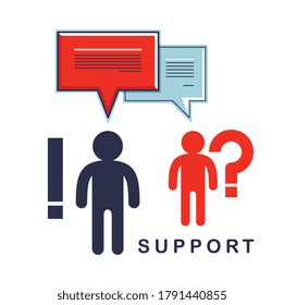 Technischer Support Mitarbeiter und Kunden Frage Anfrage, zwei Mann mit Sprachblasen Vektorflaedesign.