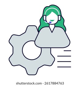 Technical Support Female. Female agent with gear icon for handling support and system issues