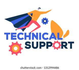 Technical support - flat design style colorful illustration on white background. A composition with text and a call center operator in a headset wearing superhero cape, flying to rescue customers
