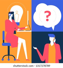 Technical support - flat design style colorful illustration. A female call center operator working at the computer, in a headset talking with a male customer, user asking questions by smartphone