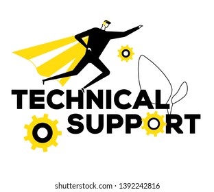 Technical support - flat design style vector illustration. Black, yellow and white unusual composition with a call center operator in a headset wearing superhero cape, flying to rescue customers