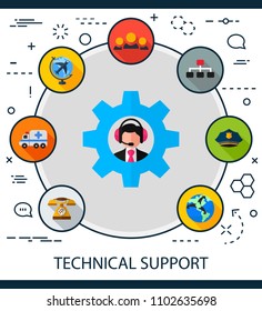 Technical support flat icons concept. Vector illustration. Element template for design.