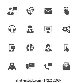 Technical support flat icons in gray. Set of 16 pieces.