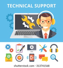 Technical support flat illustration and flat technical support icons set. Modern flat design graphic concepts for web banners, web sites, printed materials, infographics. Creative vector illustrations