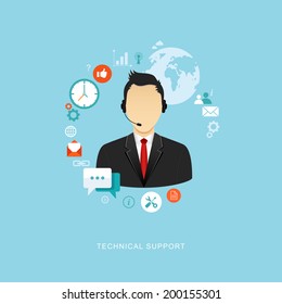 Technical support flat illustration. Man with icons. eps8