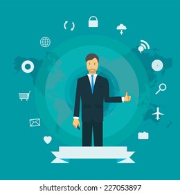 Technical support flat illustration. Man with icons.
