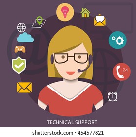 Technical support flat illustration. Woman with icons. eps 10