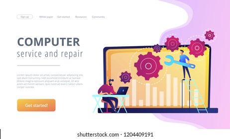 Tipos de soporte técnico trabajando en reparar un hardware y software de computadora. Solución de problemas, corrección de problemas, concepto de comprobación de problemas. Plantilla de página web de aterrizaje violeta vibrante del sitio web.