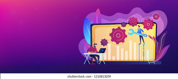 Technical support guys working on repairing a computer hardware and software. Troubleshooting, fixing problems, problem checking concept. Header or footer banner template with copy space.