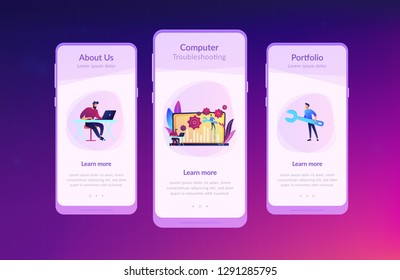 Technical support guys working on repairing a computer hardware and software. Troubleshooting, fixing problems, problem checking concept. Mobile UI UX GUI template, app interface wireframe