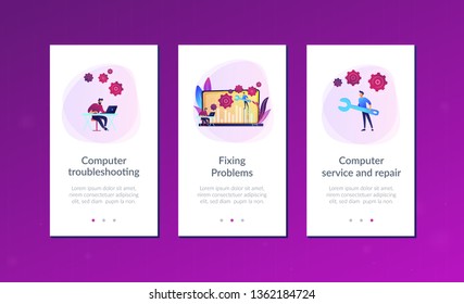 Technical support guys working on repairing a computer hardware and software. Troubleshooting, fixing problems, problem checking concept. Mobile UI UX GUI template, app interface wireframe