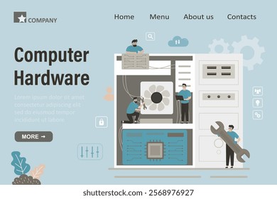 Technical support guys working on repairing computer hardware, landing page template. Troubleshooting, fixing problems, problem checking. Repairmans working with system unit and tools. flat vector