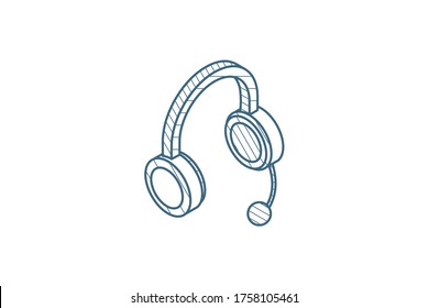 technical support, headphones microphone, operator isometric icon. 3d vector illustration. Isolated line art technical drawing. Editable stroke