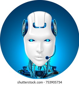 Technical support icon. Chat bot web assistance. Robot in headphone. Front view