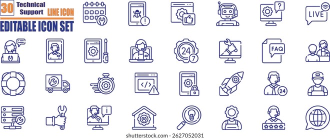 Conjunto de colección de icono de Asistencia técnica. Colección de iconos lineales. Trazo editable. Ilustración vectorial