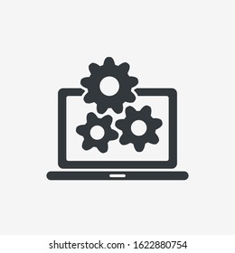 Technical support icon. Computer service. Gears on screen laptop.  Isolated vector illuatration in flat style.