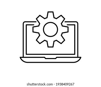 Technical support icon. Computer service. Gears on screen laptop. Isolated vector illuatration in flat style