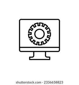 Technical support icon. Computer service. Gears on screen laptop. Isolated vector illuatration in flat style