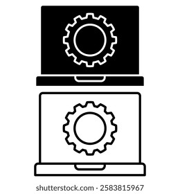 Technical support icon. Computer service. Gears on laptop screen, simple flat style, illustration, logo sign symbol pictogram template, for ui or ux isolated on white for mobile app, editable