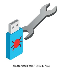 Technical support icon isometric vector. Flash drive with virus and spanner icon. Technical assistance, malware removal, adjusting, service
