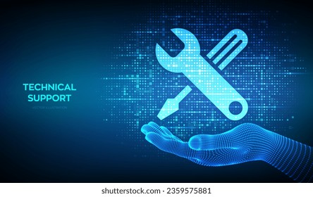 Symbol für technischen Support mit binärem Code in Wireframe Hand. Kundenhilfe. Online-Technologieunterstützung. Konzept der Kundendiensttechnologie. Digitaler Matrix-Hintergrund mit Ziffern 1.0. Vektorgrafik.