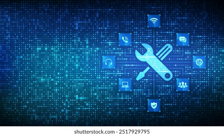 Technical support icon made with binary code. Customer help. Online tech support concept. Customer service tech icons connections. Binary digital background with digits 1.0. Vector Illustration.