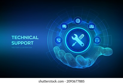 Technical support icon in robotic hand. Customer help. Tech support. Customer service, Business and technology concept. Vector illustration.
