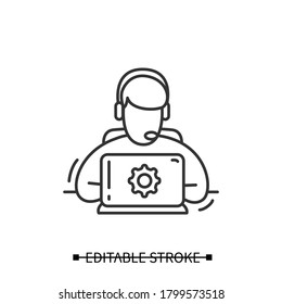 Technical support icon. Service engineer avatar with headset, laptop computer and gear pictogram. Illustration of help desk and online customer service Editable stroke linear vector for web and ui 