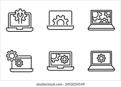 Conjunto de iconos de Asistencia técnica. Servicio informático. Engranajes en la pantalla portátil. Ilustración vectorial sobre fondo blanco