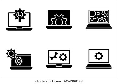 Technical support icon set. Computer service. Gears on screen laptop. vector illustration on white background