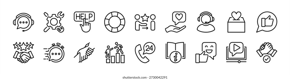Technical support icon set. Contains Customer or client service, help, assistance, operator, feedback, donation, cooperation, fast response, 24 hour call, lifebuoy, guidebook, rescue, teamwork - vector illustration