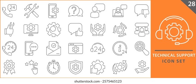 Technical support icon set. Set of icons related to technical, setup, repeart, business. Set icon collection. Technical support icons collection. Editable stroke.