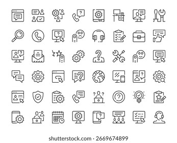 Conjunto de ícones de suporte técnico. Coleção de ícones de linha de vetor. Símbolos de contorno. Design moderno