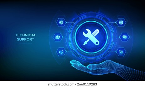Technical support icon in wireframe hand. Customer help. Tech support. Customer service, Business and technology concept. Tech support assistance. 24 hours servises. 24-7 support. Vector illustration.