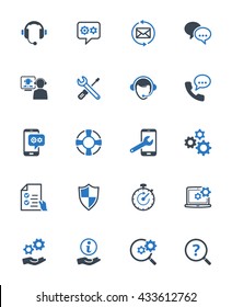 Technical Support Icons - Blue Series. Set of icons representing technical support services,  customer assistance, customer service and support.