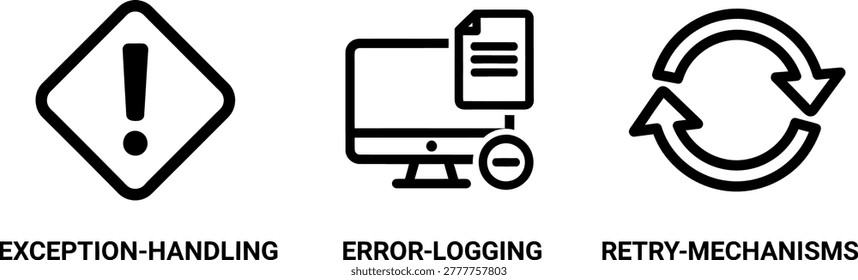 Technical support icons: exception handling error logging retry mechanisms with technical exception handling mechanisms exclamation computer document software troubleshooting solution