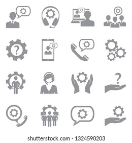 Technical Support Icons. Gray Flat Design. Vector Illustration. 