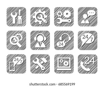 Technical support, icons, grey, shaded, vector. Repair and maintenance of electronics, gadgets and appliances. Hatch grey pencil simulation. 