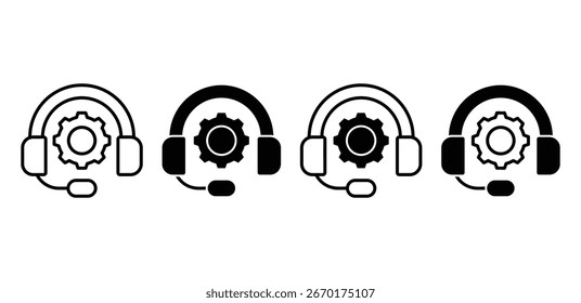 Technische Unterstützung Icons Headset mit Getriebe, Schwarz und Weiß Variationen Vektorgrafik