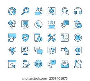 Technical support icons set. Vector line icons. Blue color outline stroke symbols. Modern concepts