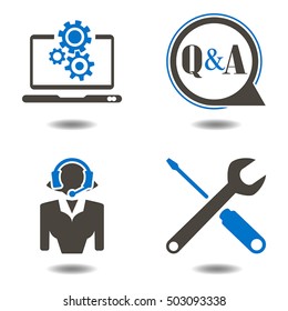 Technical support icons. Web telemarketing technician vector icon set. Call center symbol. Service sign. Business, technology, internet button. Repair, help, maintenance, assurance . 