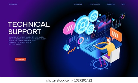 Technical support illustration concept. Modern business technology. Technical support engineer with computer at work. Design concepts for web banners. 3D vector isometric illustration.