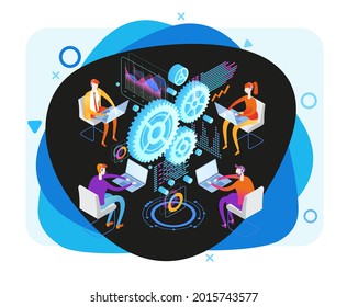 Technical support illustration concept. Modern business technology. Technical support engineer with computer at work. Design concepts for web banners. 3D vector isometric illustration.