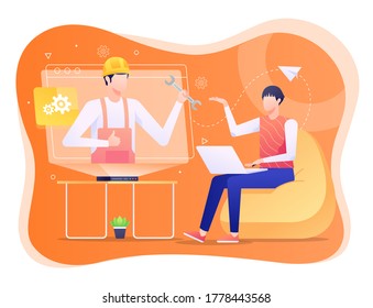 Technical Support Illustration, Helping User with Problems. This illustration can be use for website, landing page, web, app, and banner.